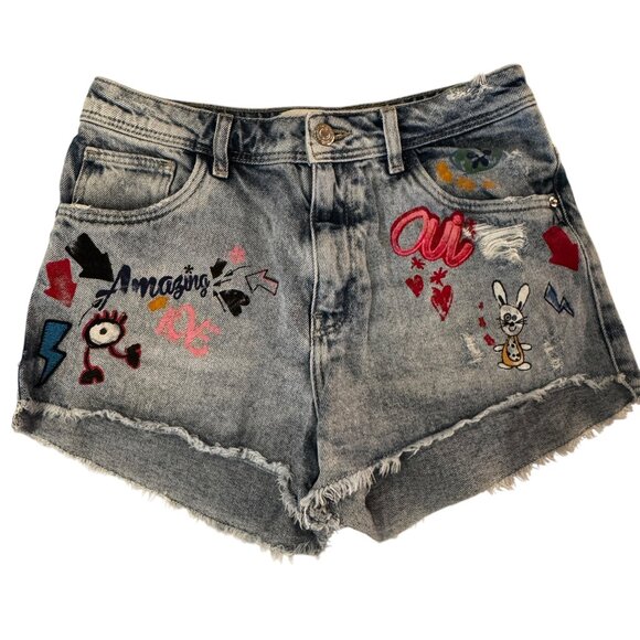 Zara Pants - TRF DENIM Zara Graffiti Painted Denim Short Shorts Size 4